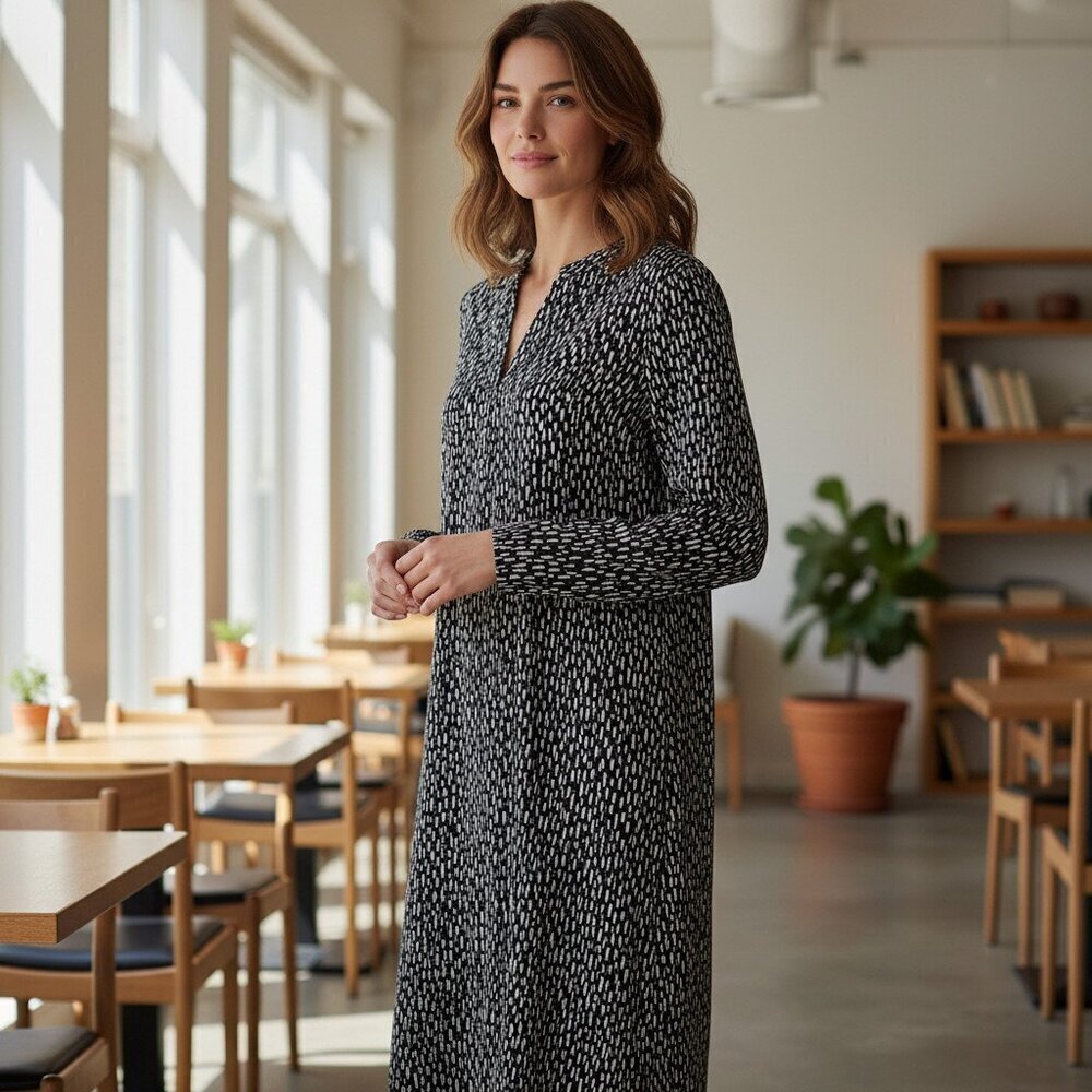 ALEX & LILI Dress Black White Print Abstract Dot Long Sleeve Flowy Rayon Dress